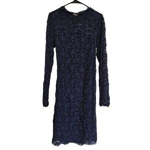 MODA INTERNATIONAL Navy Blue Lace Open Back Long Sleeve Sheath Dress Size L